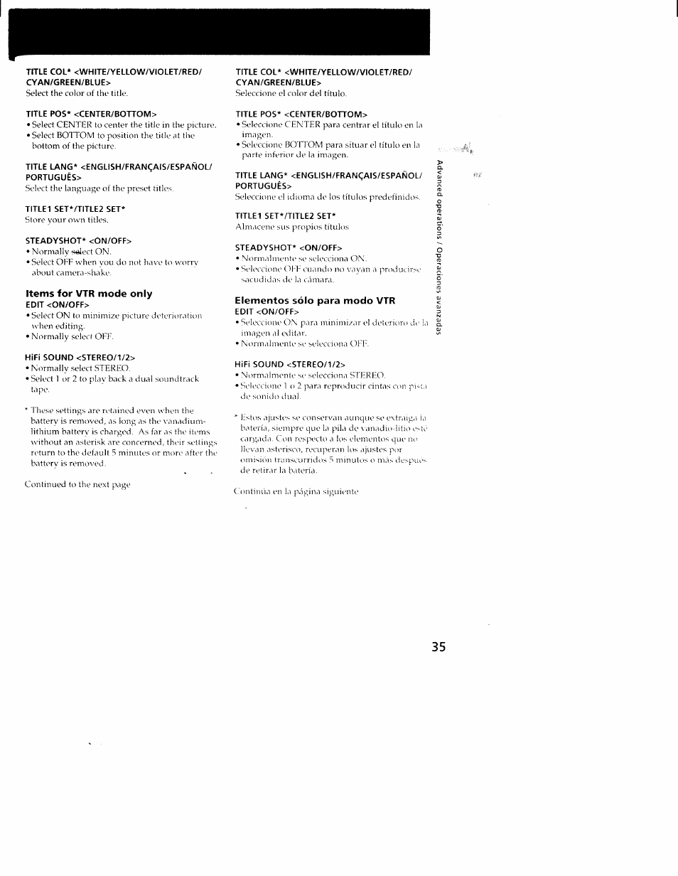 Title pos* <center/bottom, Title lang* <english/frangais/espanol, Portugues | Title1 set*/title2 set, Steadyshot* <on/off, Items for vtr mode only, Edit <on/off, Hifi sound <stereo/1/2, Title lang* <english/frangais/español, Portugués | Sony CCD-TRV101 User Manual | Page 35 / 118