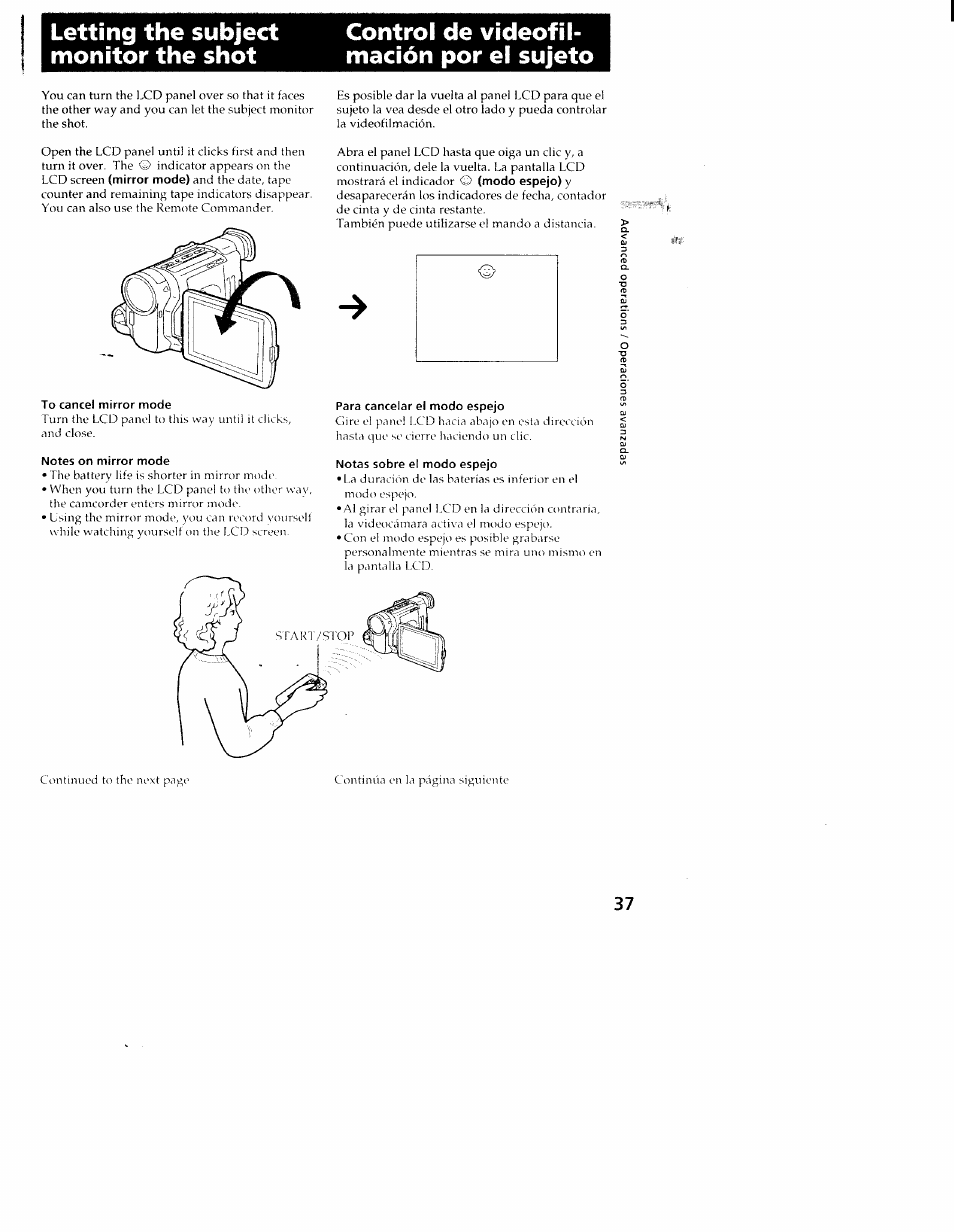 To cancel mirror mode, Notes on mirror mode, Para cancelar el modo espejo | Notas sobre el modo espejo | Sony CCD-TRV101 User Manual | Page 37 / 118