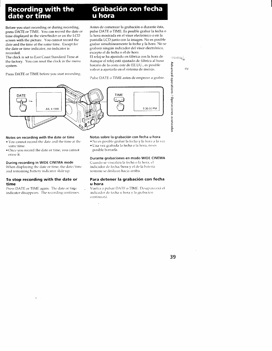 Notes on recording with the date or time, During recording in wide cinema mode, To stop recording with the date or time | Notas sobre la grabación con fecha u hora, Durante grabaciones en modo wide cinema, Para detener la grabación con fecha u hora | Sony CCD-TRV101 User Manual | Page 39 / 118