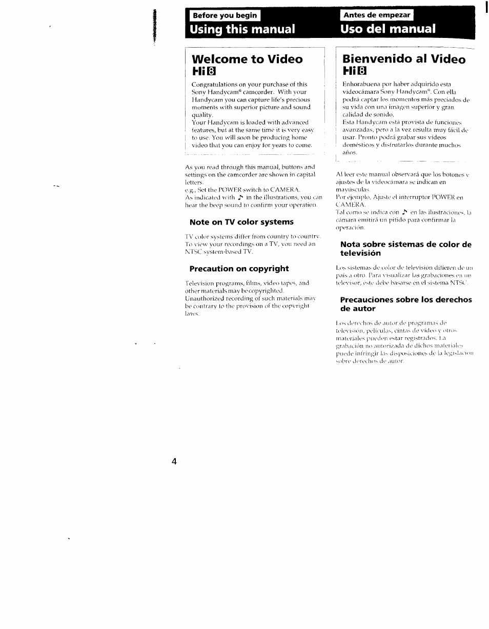 I before you begin, Antes de empezar, Note on tv color systems | Precaution on copyright, Nota sobre sistemas de color de televisión, Precauciones sobre ios derechos de autor, Using this manual, Uso del manual welcome to video, Bienvenido al video | Sony CCD-TRV101 User Manual | Page 4 / 118