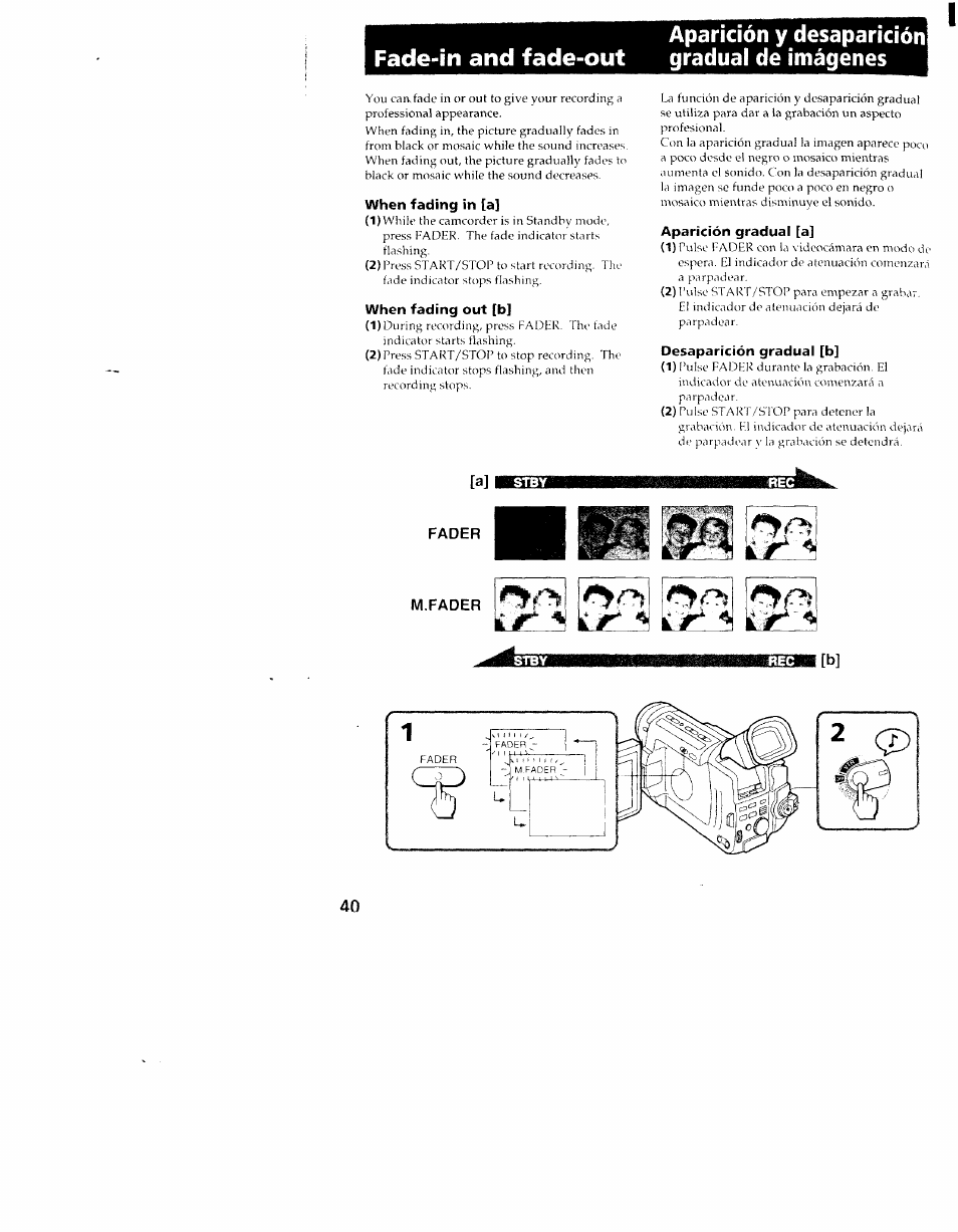 When fading in [a, When fading out [b, Aparición gradual [a | Desaparición gradual [b, Fader, M.fader | Sony CCD-TRV101 User Manual | Page 40 / 118