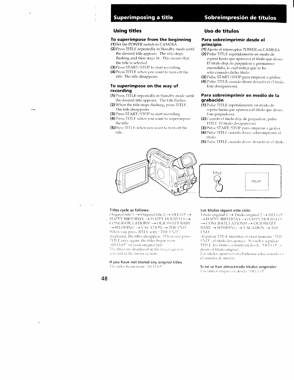 Using titles, To superimpose from the beginning, To superimpose on the way of | Recording, Uso de títulos, Para sobreimprimir desde el principio, Para sobreimprimir en medio de la, Grabación, Titles cycle as follows, If you have not stored any original titles | Sony CCD-TRV101 User Manual | Page 48 / 118