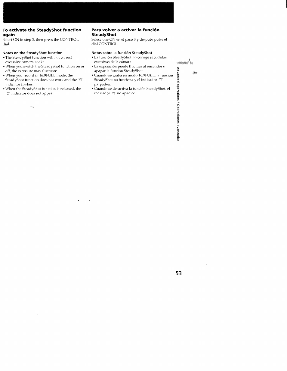To activate the steadyshot function again, Para volver a activar la función steadyshot, Jotes on the steadyshot function | Notas sobre la función steadyshot | Sony CCD-TRV101 User Manual | Page 53 / 118