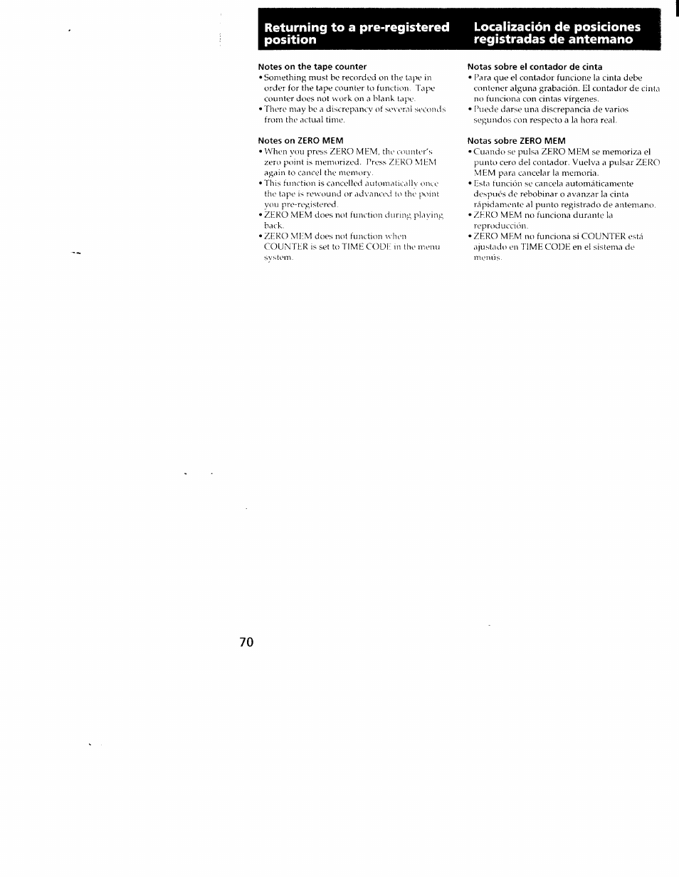 Notes on the tape counter, Notes on zero mem, Notas sobre el contador de cinta | Notas sobre zero mem | Sony CCD-TRV101 User Manual | Page 70 / 118