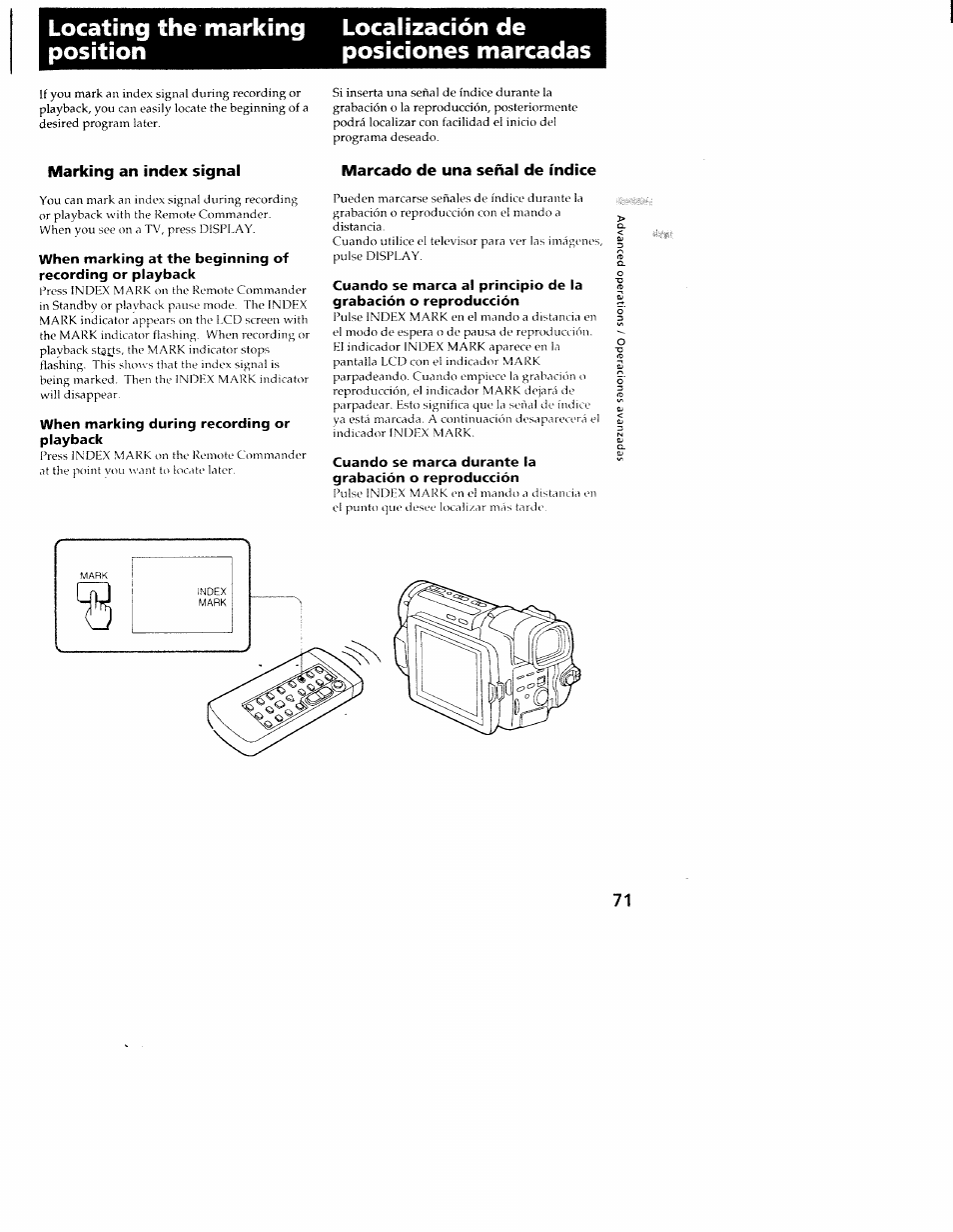 Marking an index signal, When marking during recording or playback, Marcado de una señal de índice | Sony CCD-TRV101 User Manual | Page 71 / 118