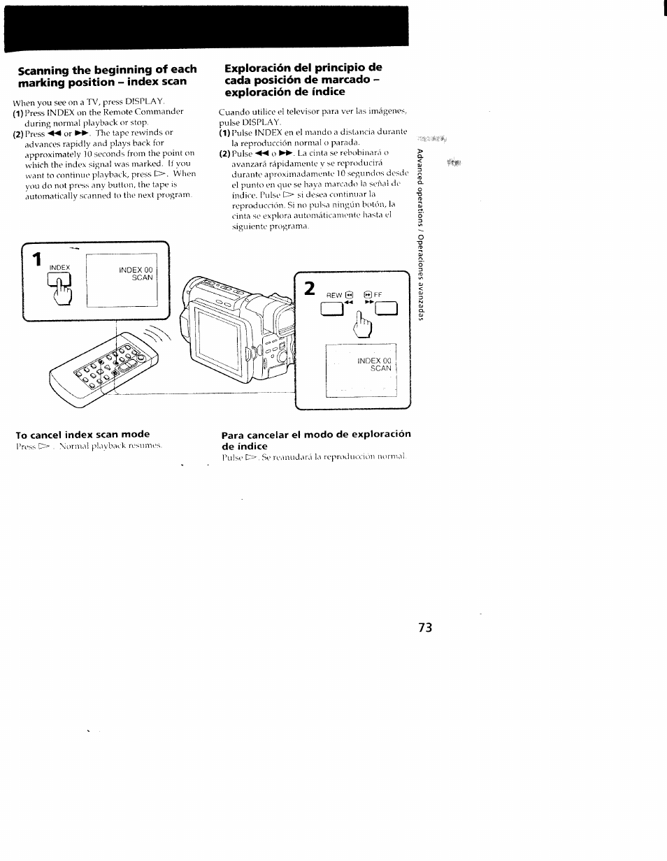 Para cancelar el modo de exploración de índice, Exploración del principio de cada posición de, Exploración de índice | Sony CCD-TRV101 User Manual | Page 73 / 118