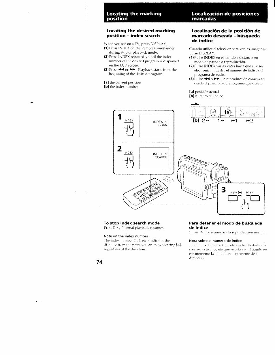 To stop index search mode, Note on the index number, Para detener el modo de búsqueda de índice | Nota sobre el número de índice | Sony CCD-TRV101 User Manual | Page 74 / 118