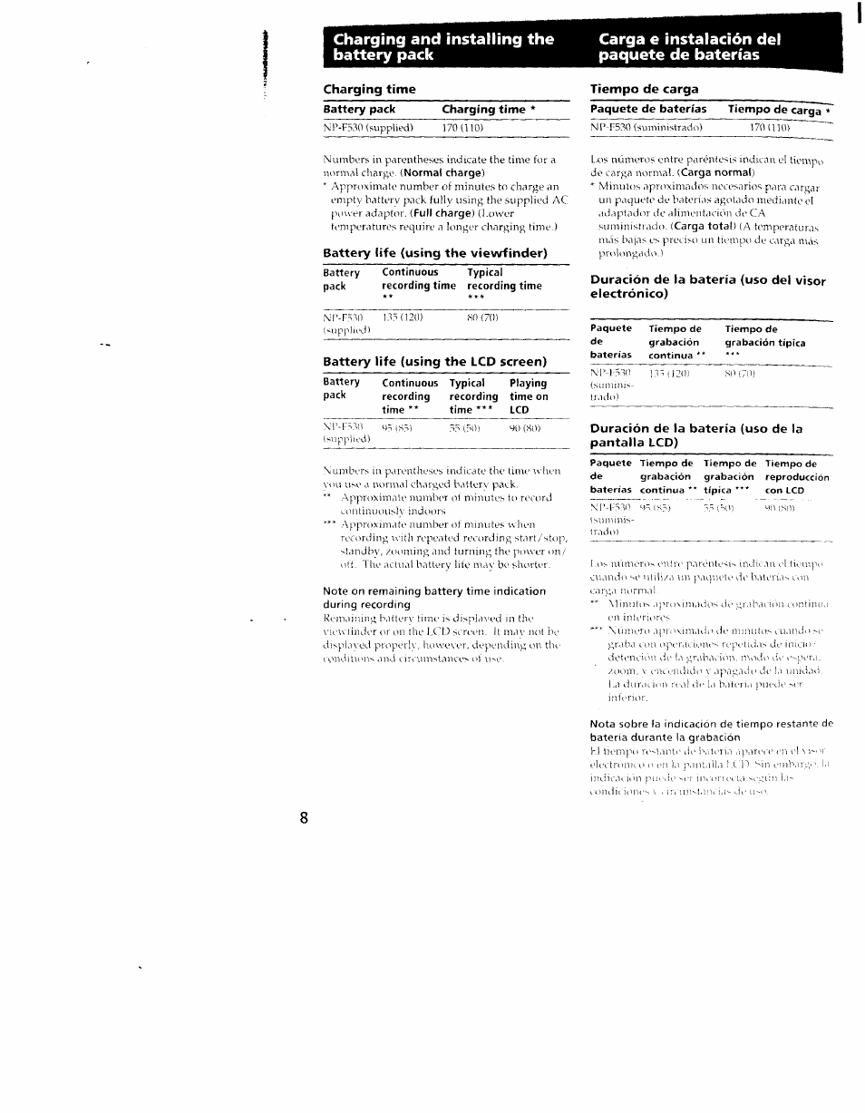 Battery life (using the viewfinder), Duración de la batería (uso del visor electrónico), Duración de la batería (uso de la pantalla lco) | Sony CCD-TRV101 User Manual | Page 8 / 118