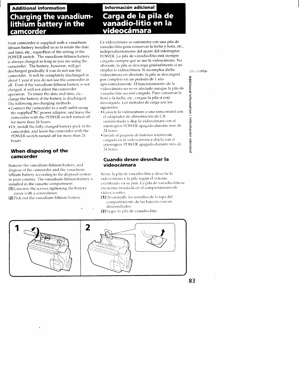 When disposing of the camcorder, Cuando desee desechar la videocámara | Sony CCD-TRV101 User Manual | Page 83 / 118