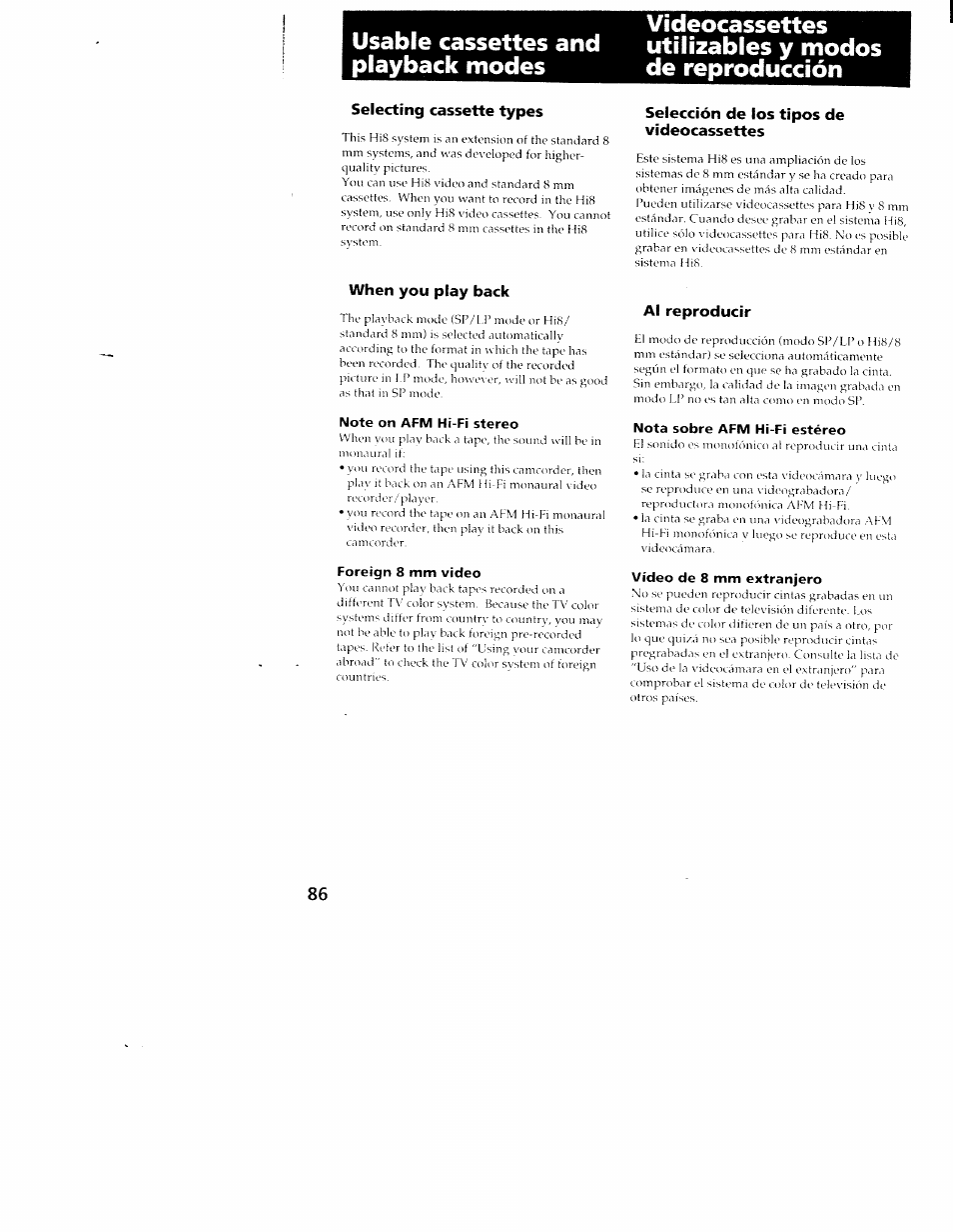 Selecting cassette types, When you play back, Note on afm hi-fi stereo | Foreign 8 mm video, Selección de los tipos de videocassettes, Al reproducir, Nota sobre afm hi-fi estéreo, Vídeo de 8 mm extranjero | Sony CCD-TRV101 User Manual | Page 86 / 118