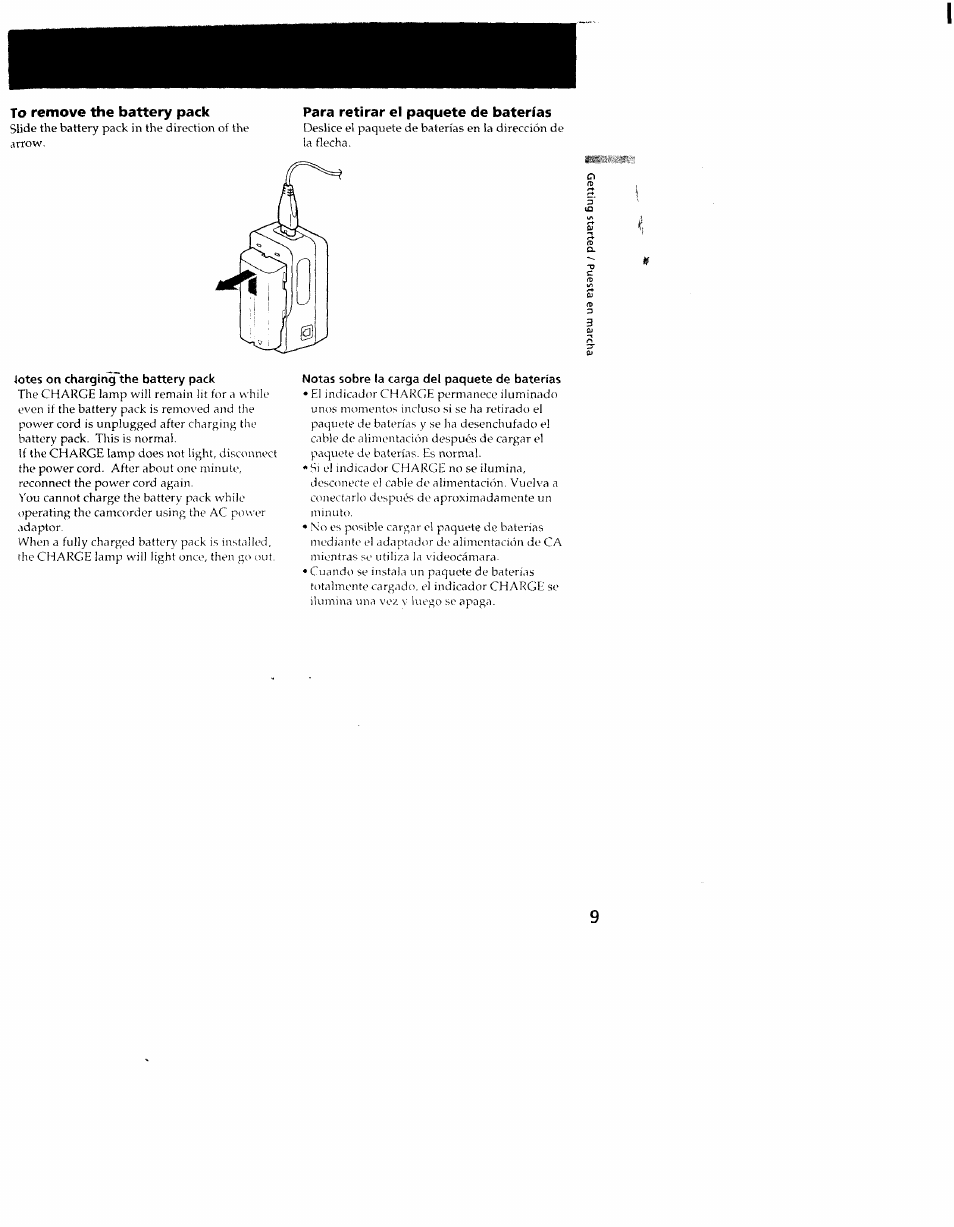 To remove the battery pack, Para retirar el paquete de baterías, Lotes on charging~the battery pack | Notas sobre la carga del paquete de baterías | Sony CCD-TRV101 User Manual | Page 9 / 118