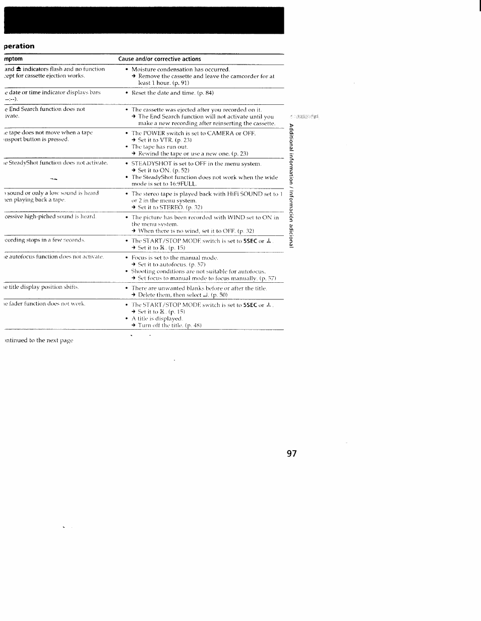 Peration, Mptom, Cause and/or corrective actions | Sony CCD-TRV101 User Manual | Page 95 / 118