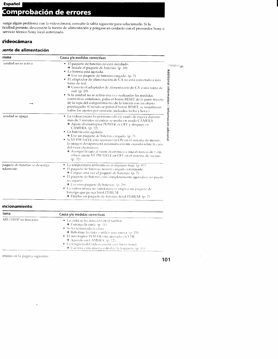 Comprobación de errores, Ideocámara, 1 s ) | Sony CCD-TRV101 User Manual | Page 99 / 118