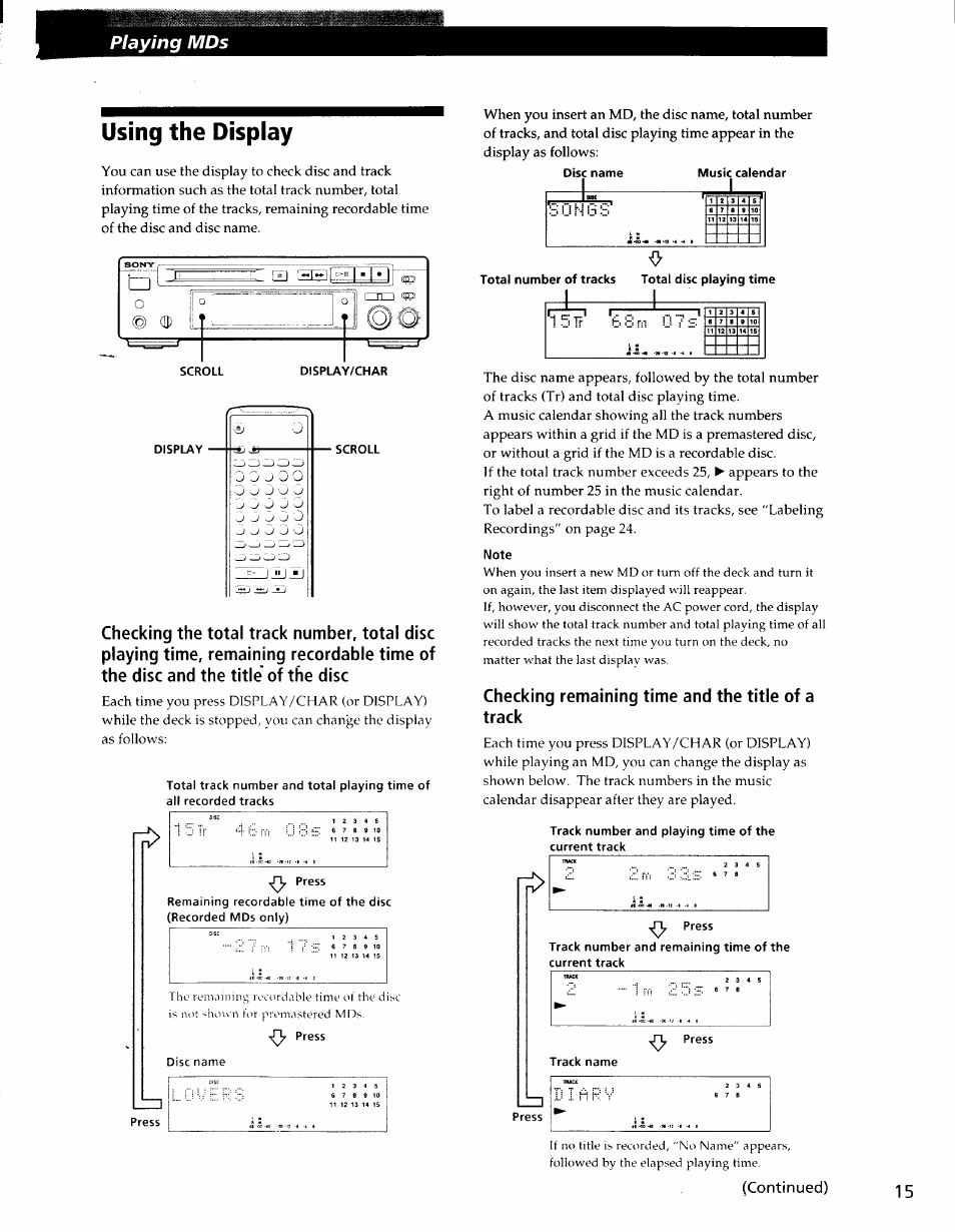 Using the display, Note, Checking remaining time and the title of a track | Playing mds | Sony MDS-S37 User Manual | Page 15 / 35