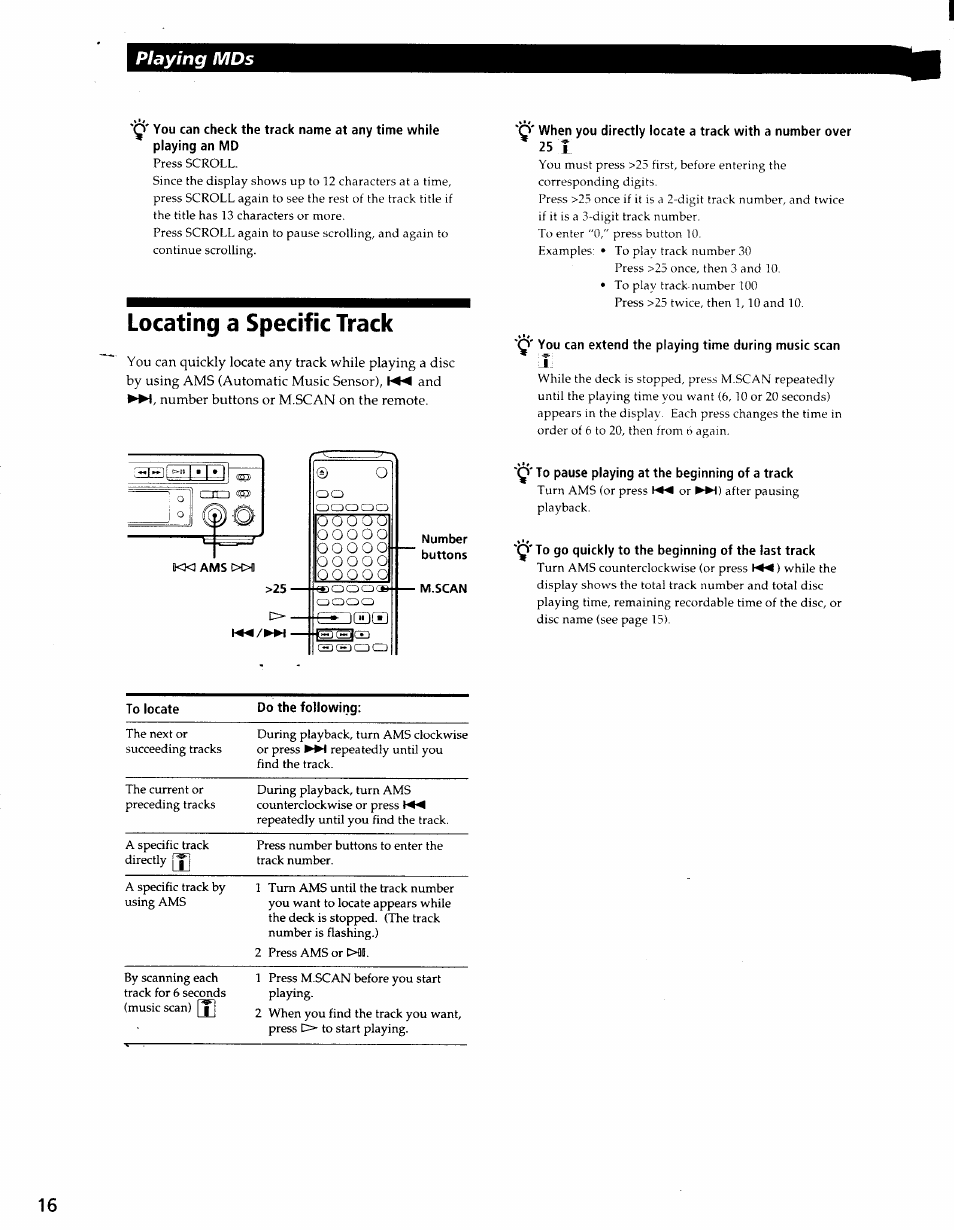 Locating a specific track, Q' to pause playing at the beginning of a track, Playing mds | Sony MDS-S37 User Manual | Page 16 / 35