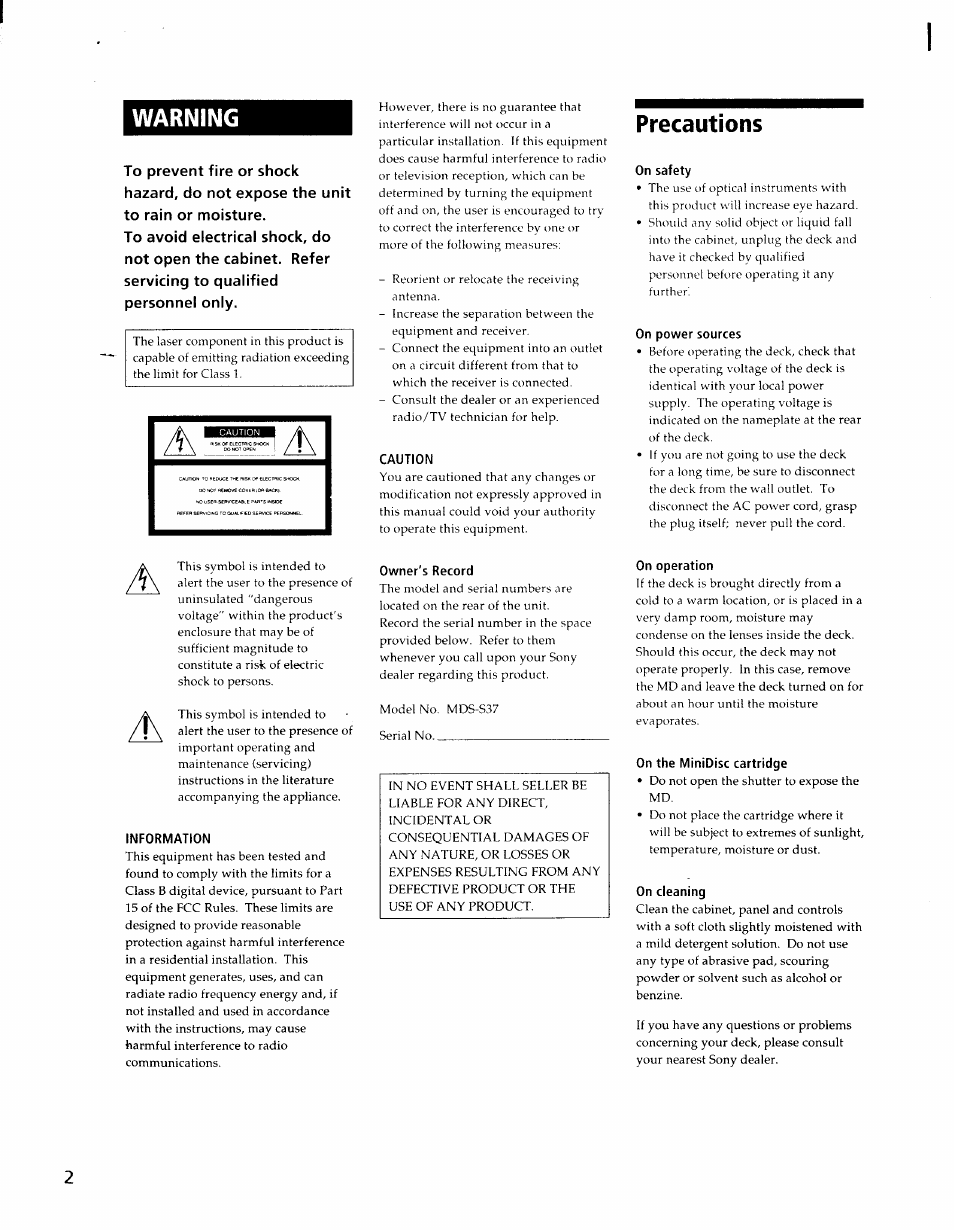 Warning, Caution, Precautions | On safety, On power sources, Information, Owner's record, On operation, On the minidisc cartridge, On cleaning | Sony MDS-S37 User Manual | Page 2 / 35
