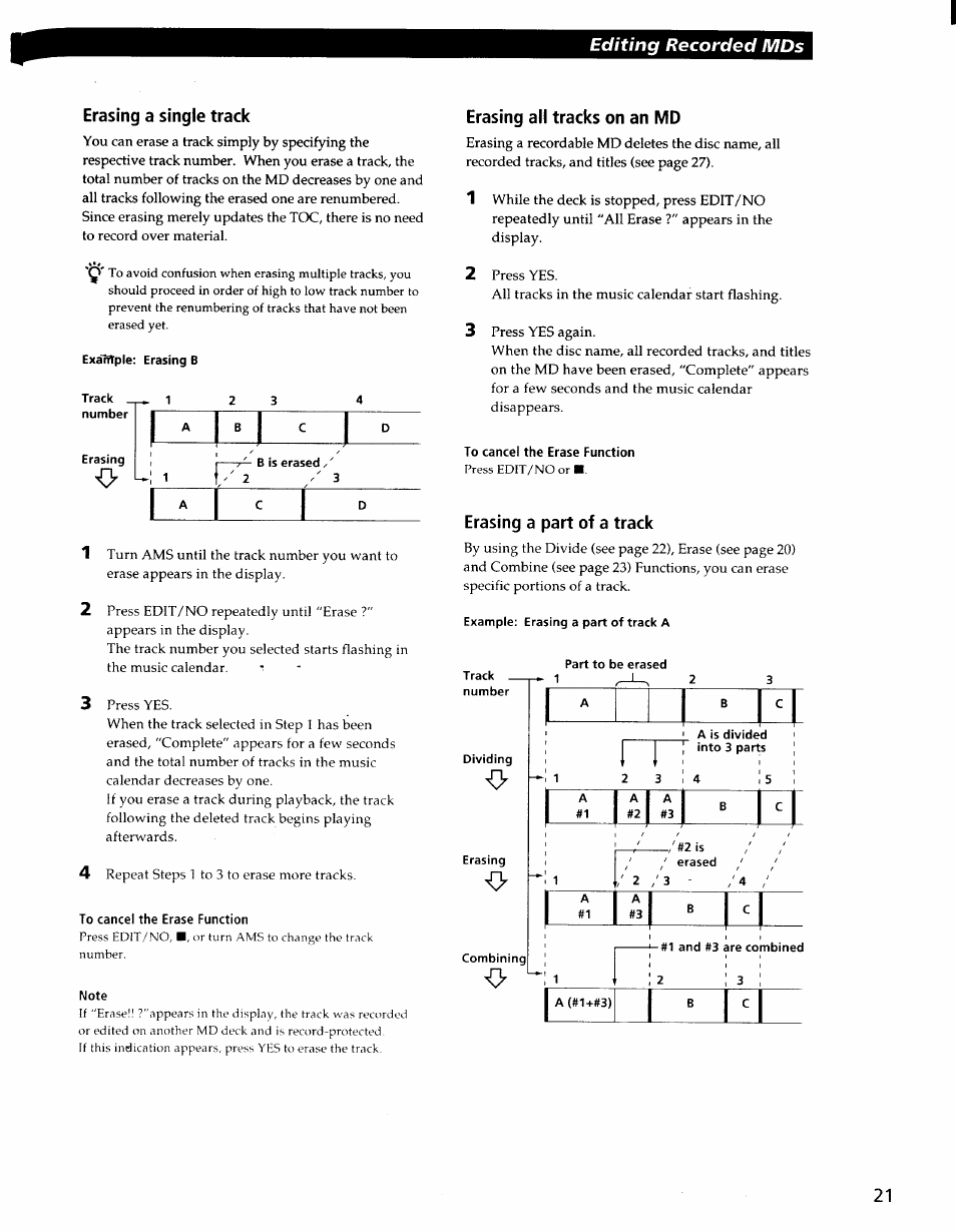 Erasing a single track, To cancel the erase function, Note | Erasing all tracks on an md, Erasing a part of a track, Editing recorded mds erasing a single track | Sony MDS-S37 User Manual | Page 21 / 35