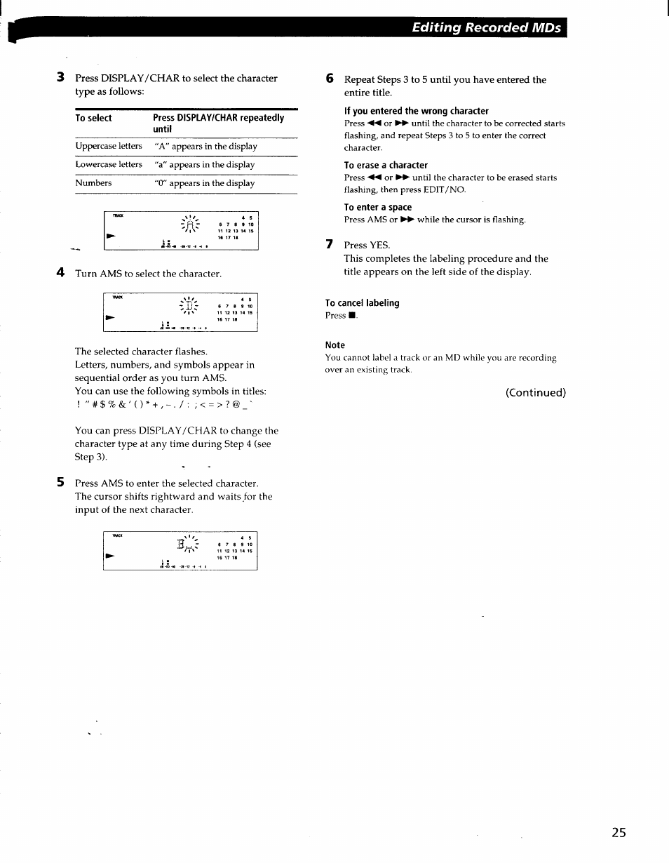 If you entered the wrong character, To erase a character, To enter a space | To cancel labeling, Note, Editing recorded mds 3 | Sony MDS-S37 User Manual | Page 25 / 35