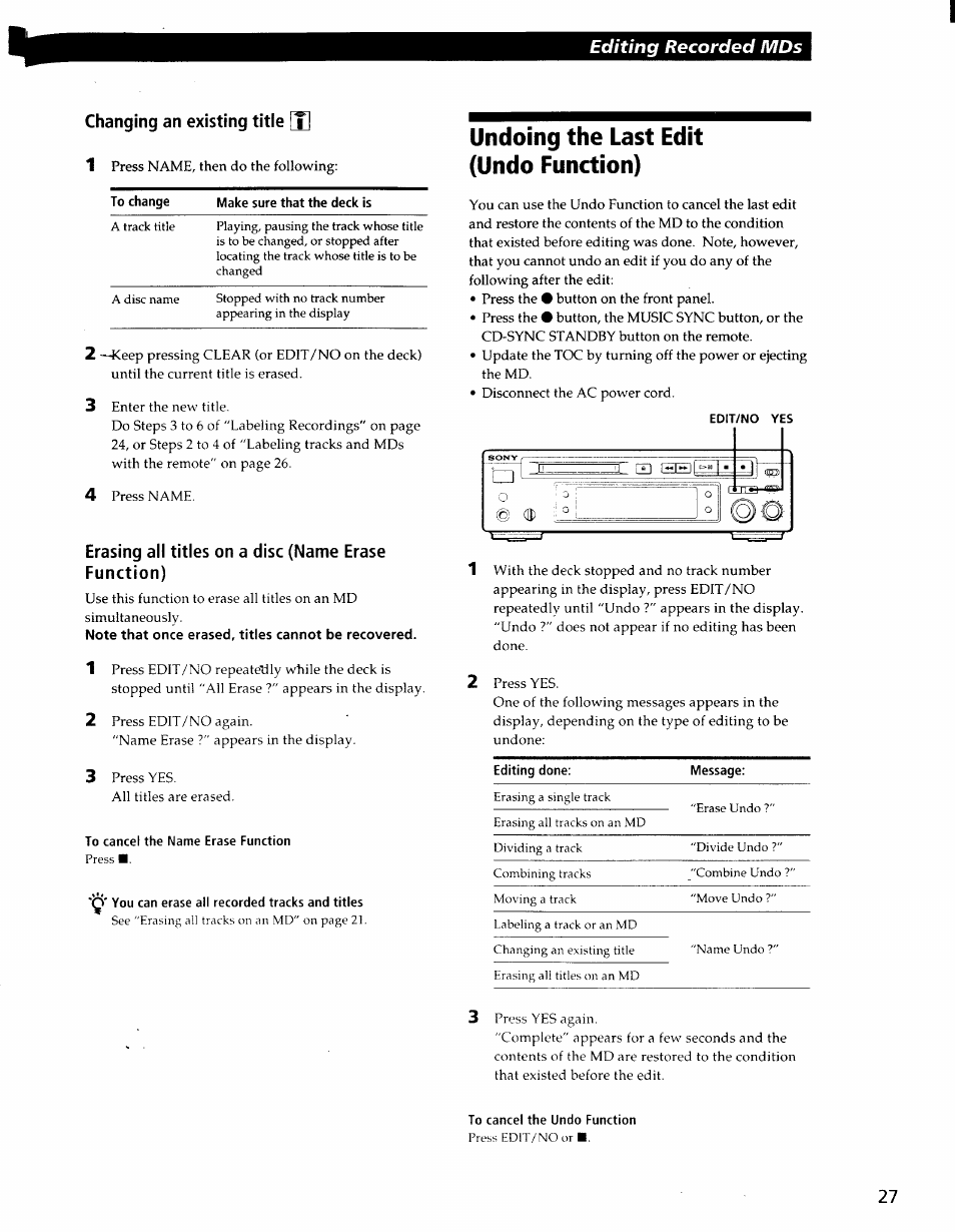 Changing an existing title [t, Erasing all titles on a disc (name erase function), Note that once erased, titles cannot be recovered | To cancel the name erase function, Q' you can erase all recorded tracks and titles, Undoing the last edit (undo function), To cancel the undo function | Sony MDS-S37 User Manual | Page 27 / 35