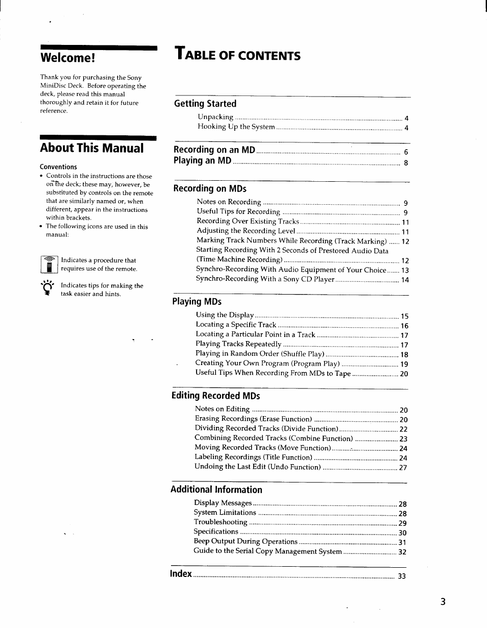 About this manual | Sony MDS-S37 User Manual | Page 3 / 35