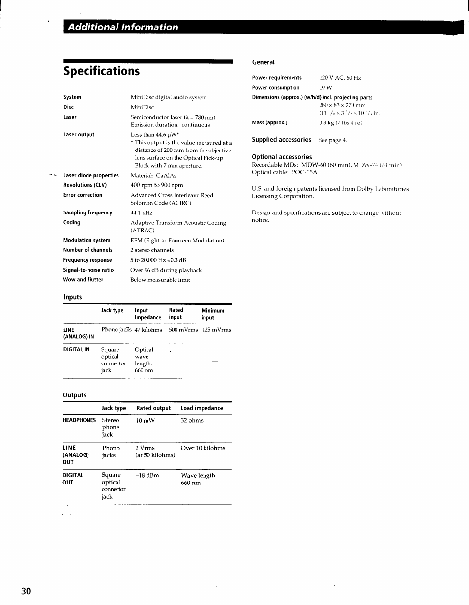 Specifications, General, Optional accessories | Inputs, Additional information | Sony MDS-S37 User Manual | Page 30 / 35