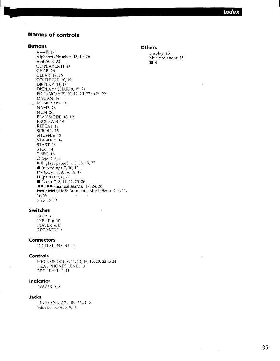 Names of controls | Sony MDS-S37 User Manual | Page 35 / 35