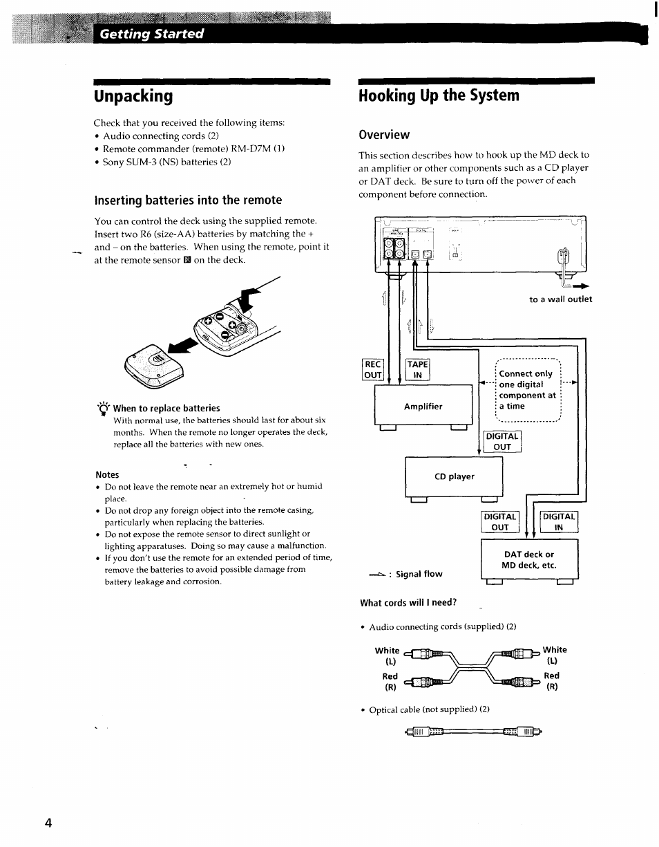 Inserting batteries into the remote, Q' when to replace batteries, Notes | Hooking up the system, Overview, Signal flow what cords will i need, Unpacking | Sony MDS-S37 User Manual | Page 4 / 35