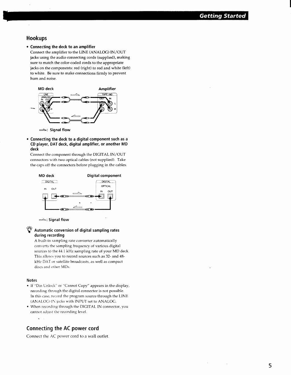 Hookups, Connecting the deck to an amplifier, Notes | Connecting the ac power cord | Sony MDS-S37 User Manual | Page 5 / 35