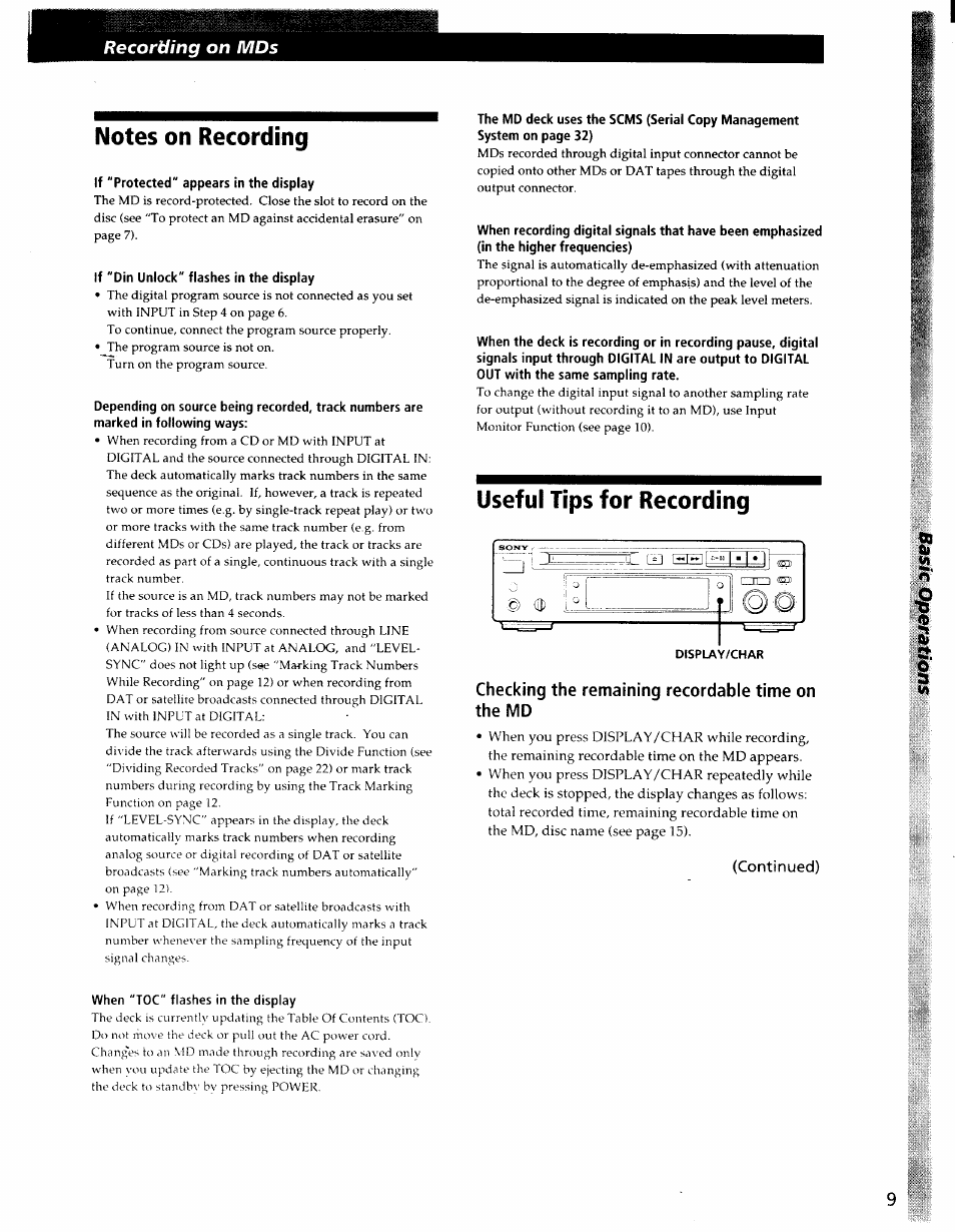 Notes on recording, When "toc" flashes in the display, Useful tips for recording | Checking the remaining recordable time on the md, Notes on recording useful tips for recording | Sony MDS-S37 User Manual | Page 9 / 35