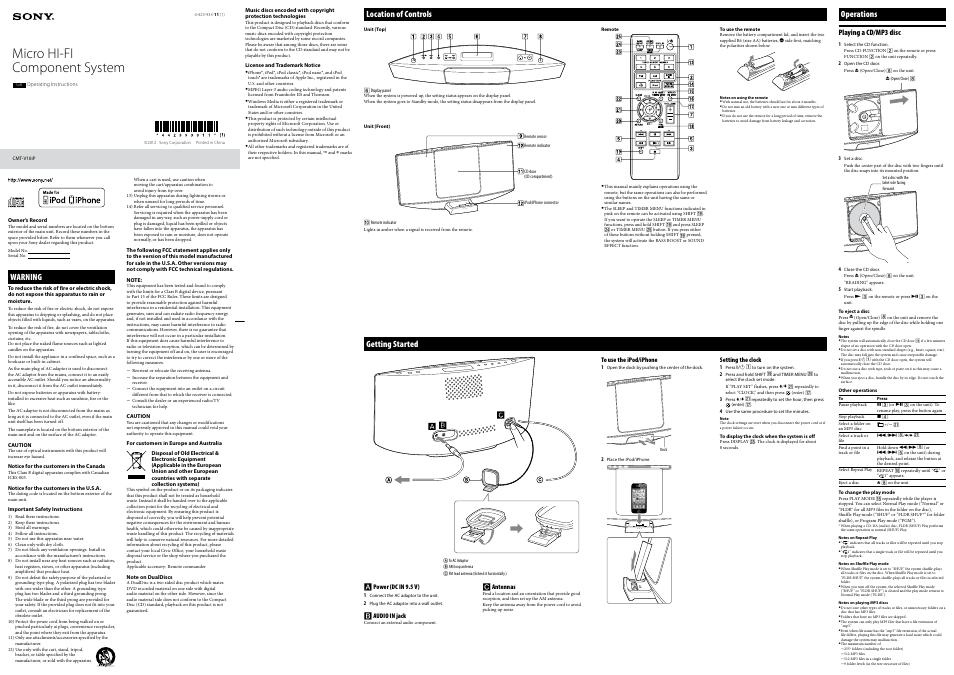 Sony CMT-V10iP User Manual | 2 pages