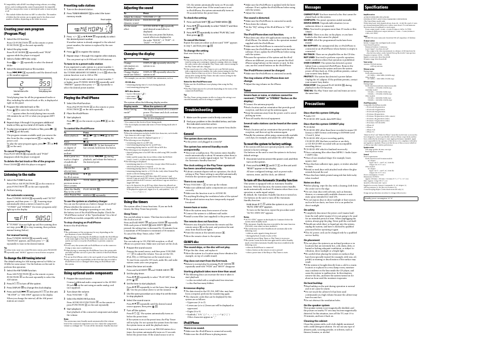 Troubleshooting, Messages, Precautions | Specifications | Sony CMT-V10iP User Manual | Page 2 / 2