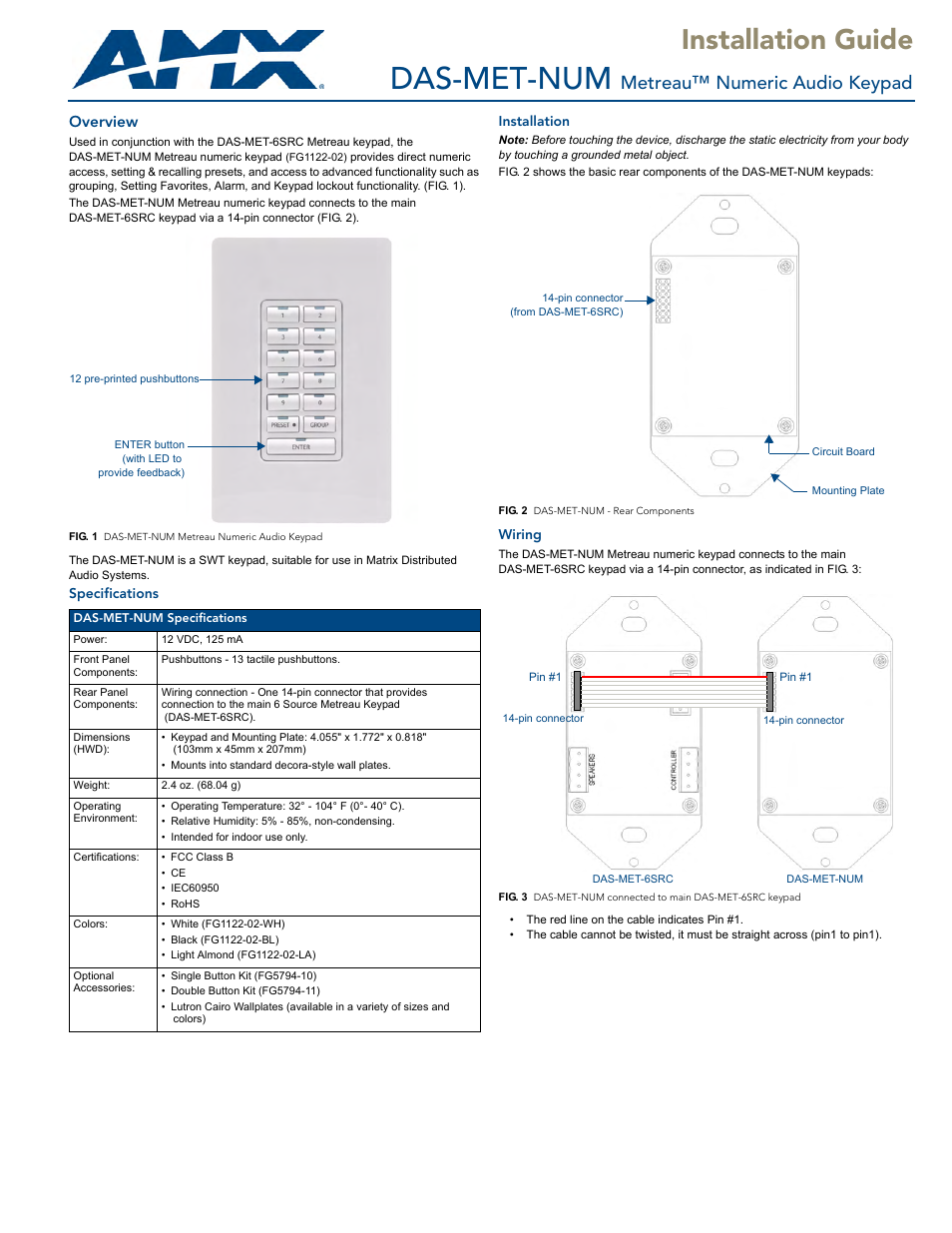 AMX Metreau Numeric Audio Keypad DAS-MET-NUM User Manual | 2 pages
