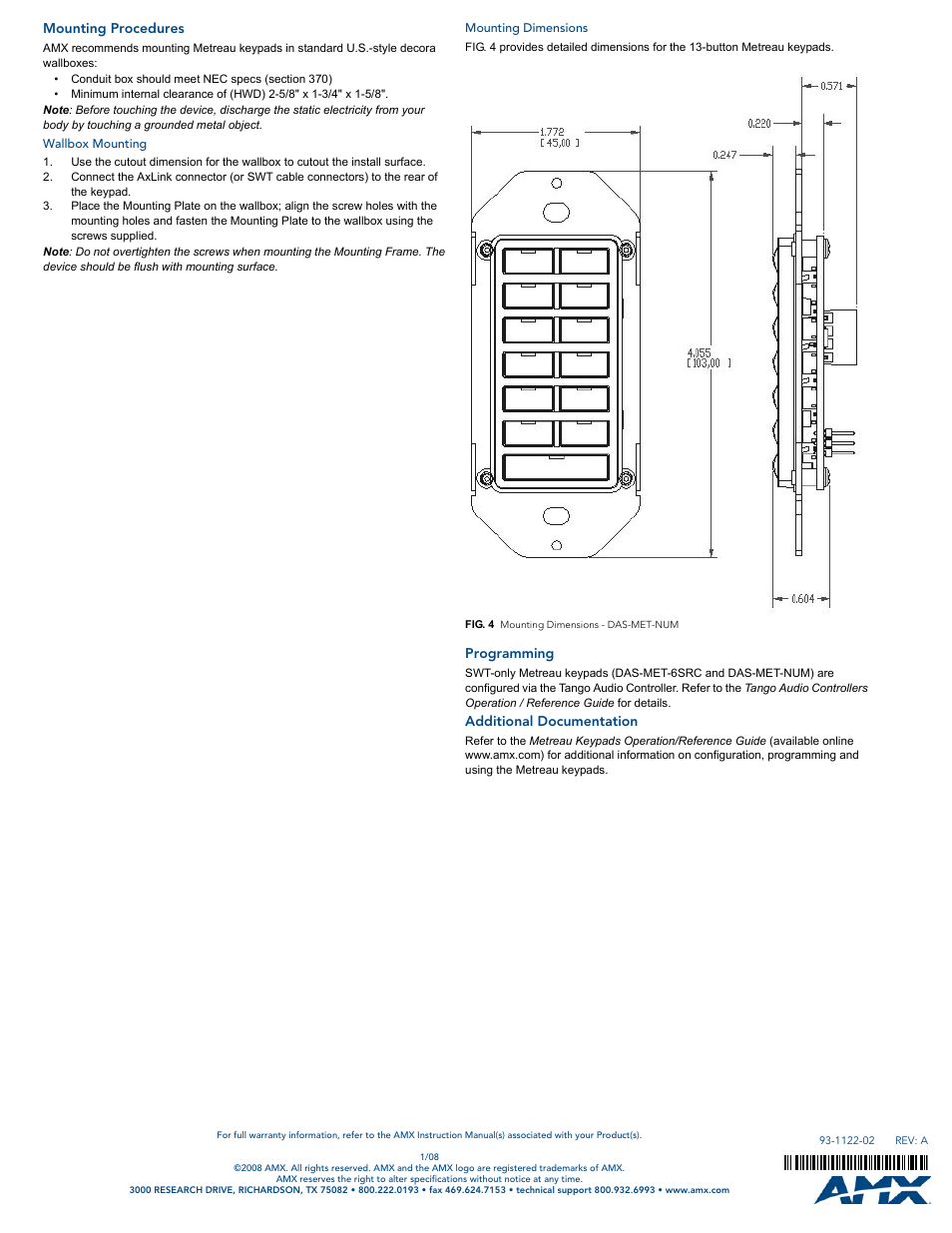 Mounting procedures, Wallbox mounting, Mounting dimensions | Programming, Additional documentation | AMX Metreau Numeric Audio Keypad DAS-MET-NUM User Manual | Page 2 / 2