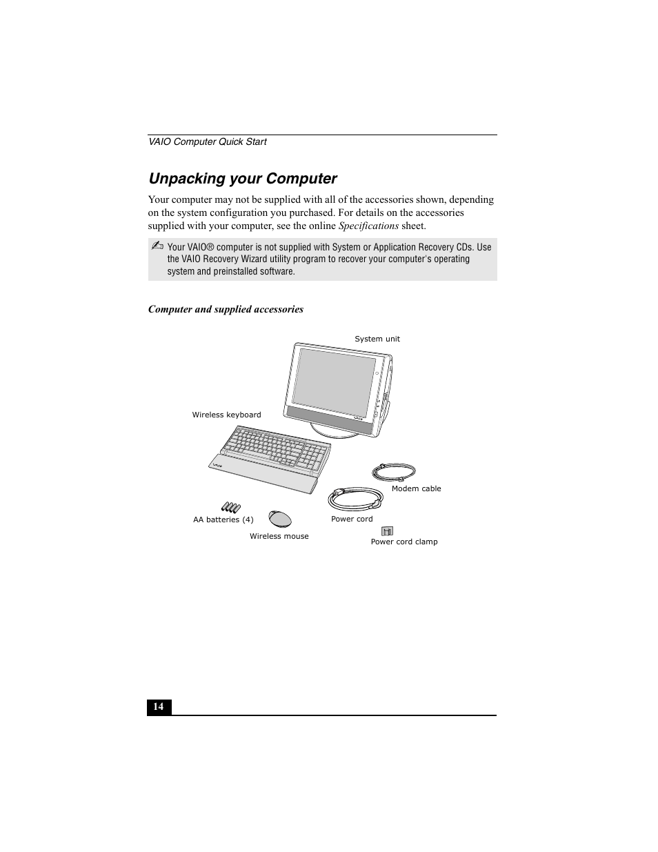 Unpacking your computer | Sony PCV-V200G User Manual | Page 14 / 60