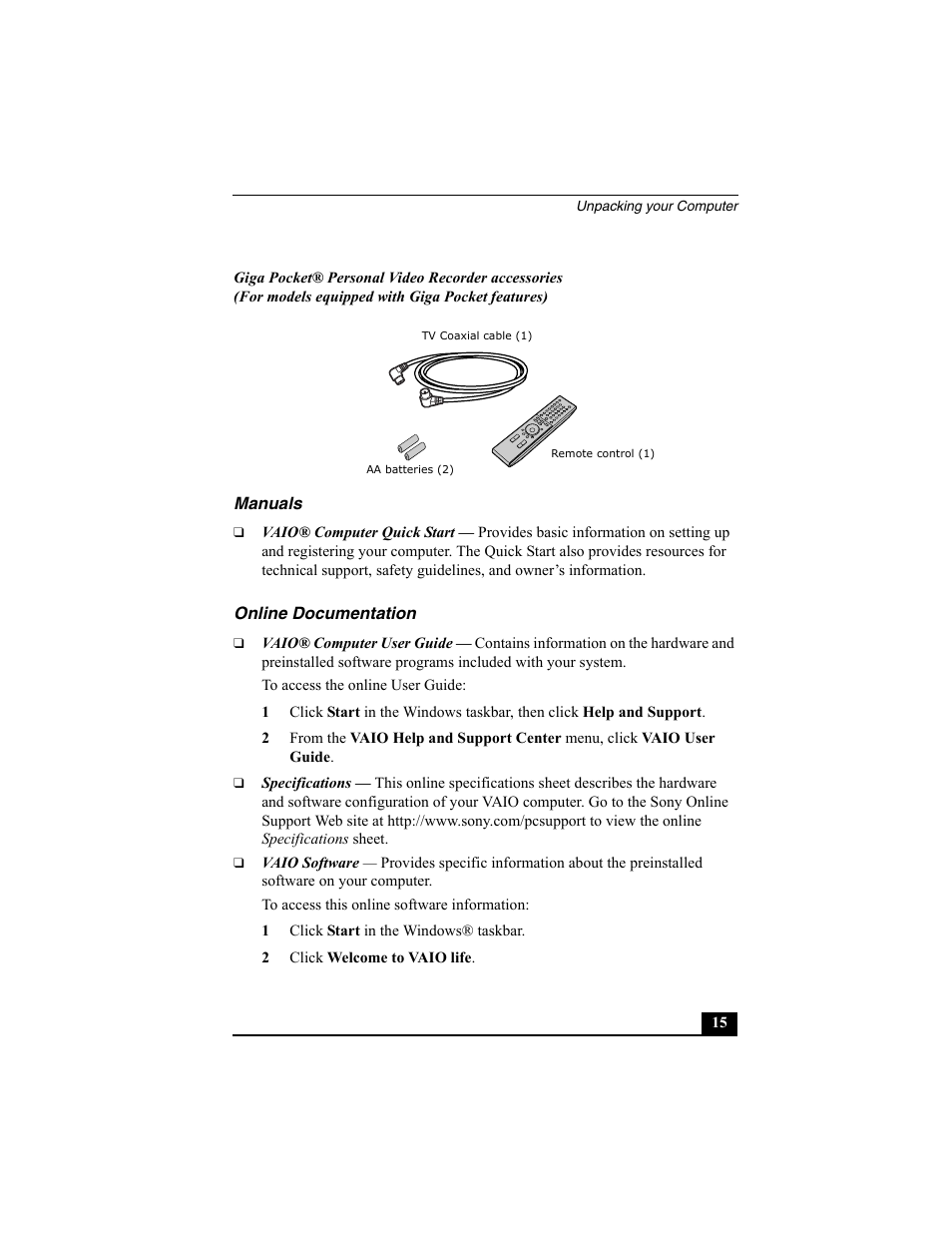 Manuals, Online documentation | Sony PCV-V200G User Manual | Page 15 / 60