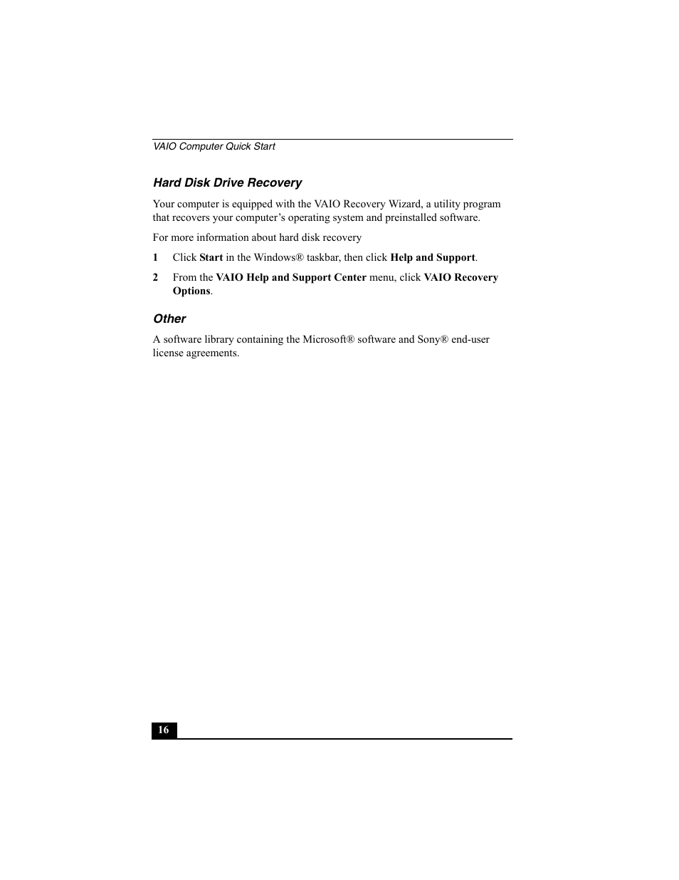 Hard disk drive recovery, Other | Sony PCV-V200G User Manual | Page 16 / 60