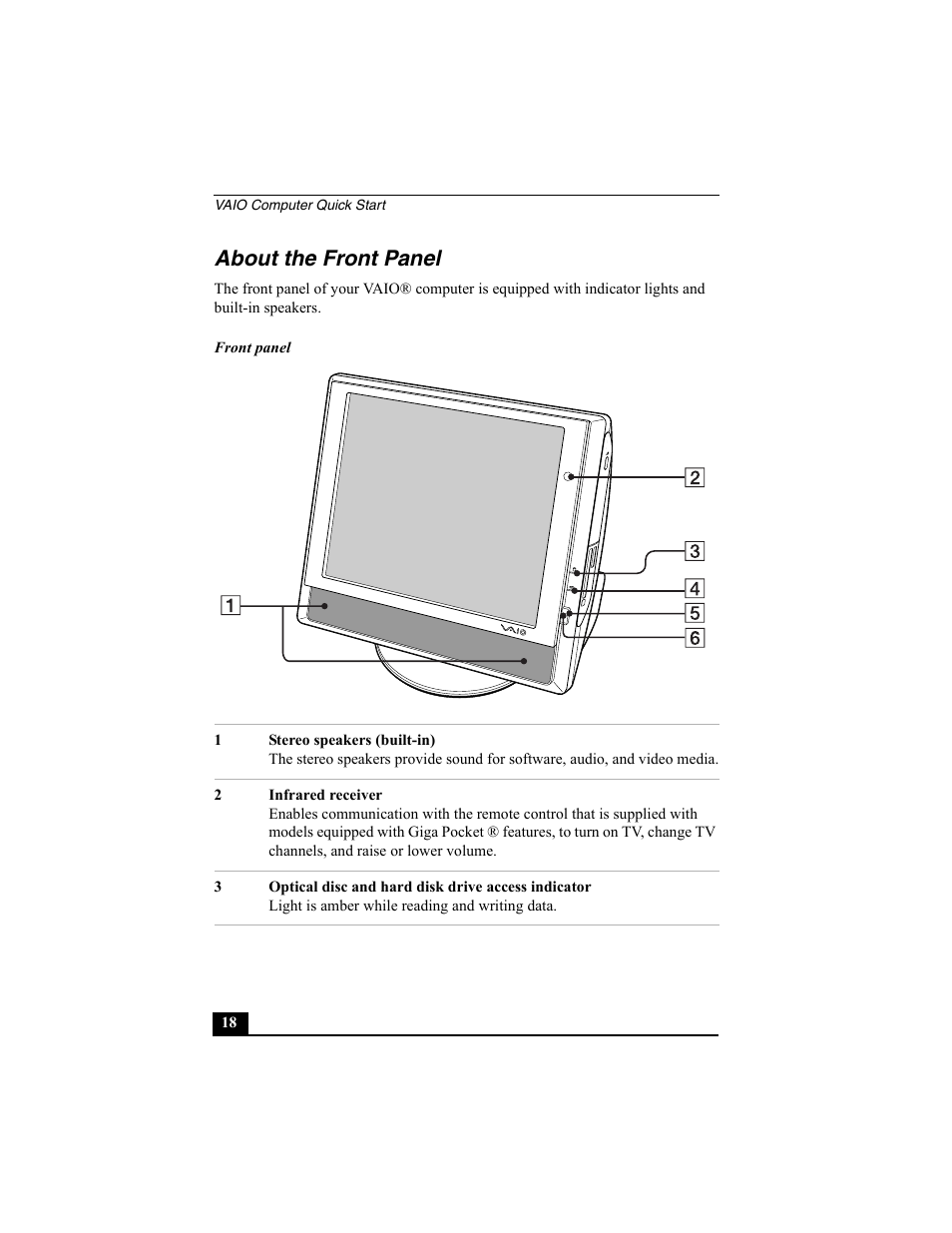 About the front panel | Sony PCV-V200G User Manual | Page 18 / 60