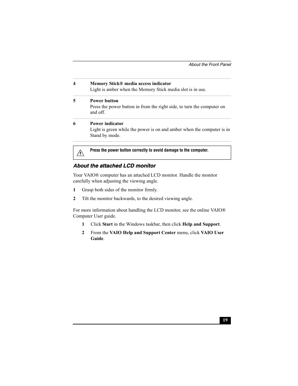 About the attached lcd monitor | Sony PCV-V200G User Manual | Page 19 / 60