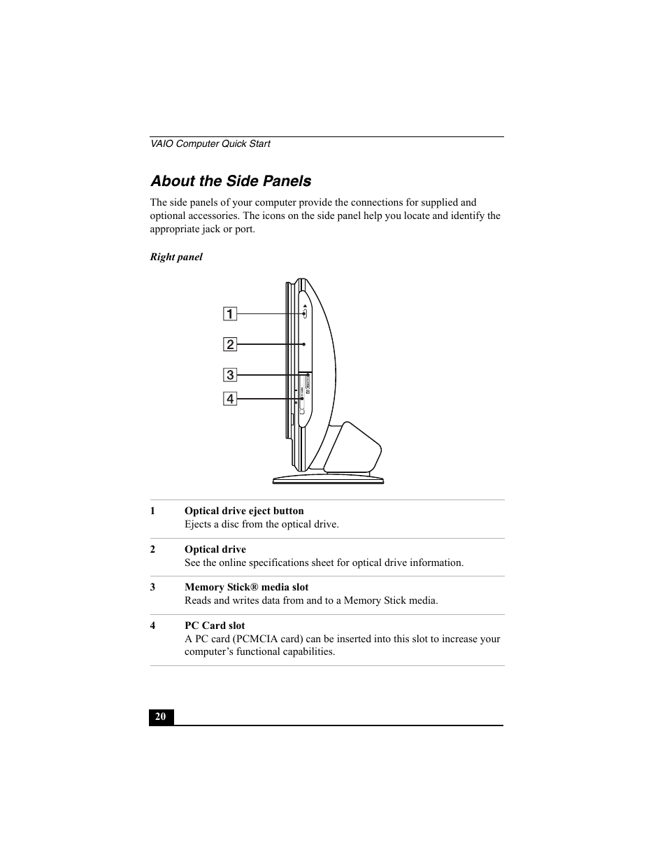 About the side panels, About the side panels s | Sony PCV-V200G User Manual | Page 20 / 60