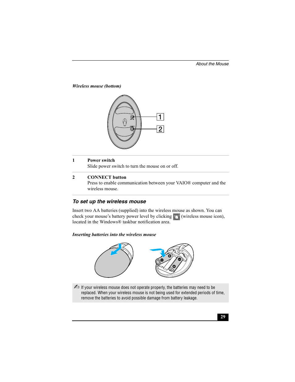 To set up the wireless mouse | Sony PCV-V200G User Manual | Page 29 / 60