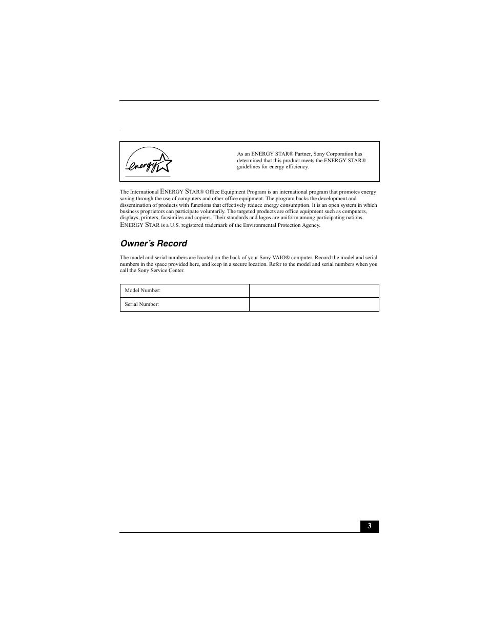 Owner’s record | Sony PCV-V200G User Manual | Page 3 / 60