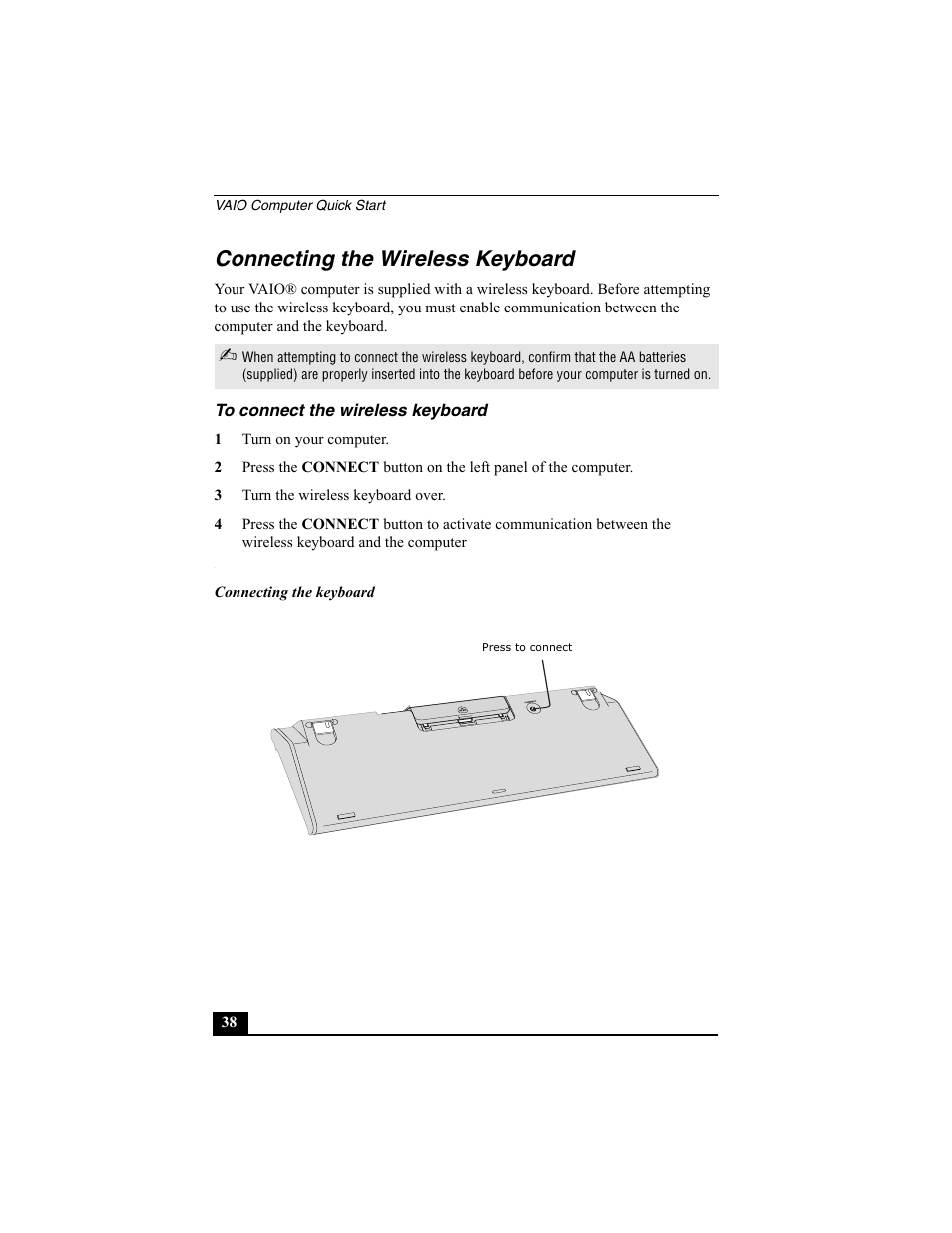 Connecting the wireless keyboard, To connect the wireless keyboard | Sony PCV-V200G User Manual | Page 38 / 60