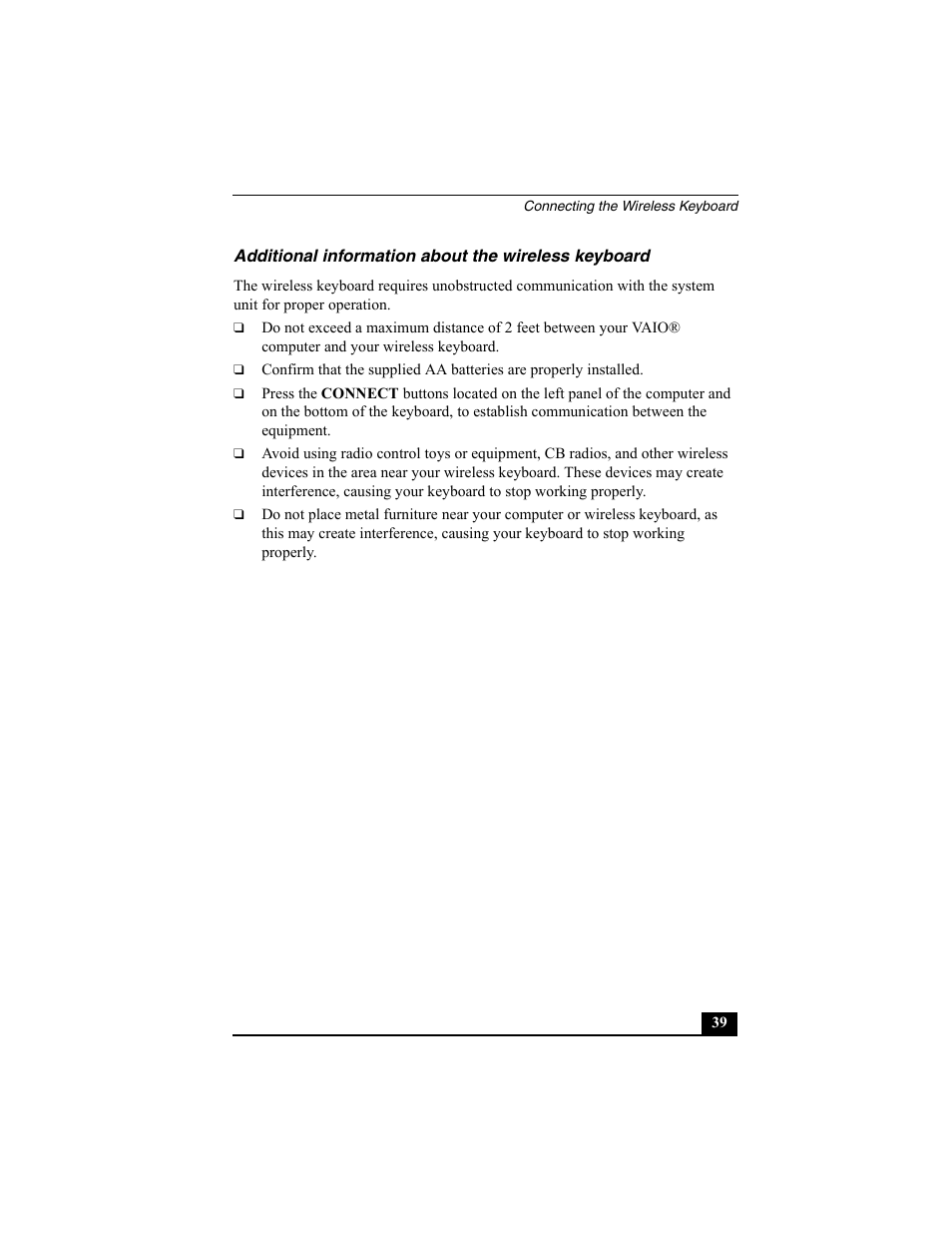 Additional information about the wireless keyboard | Sony PCV-V200G User Manual | Page 39 / 60