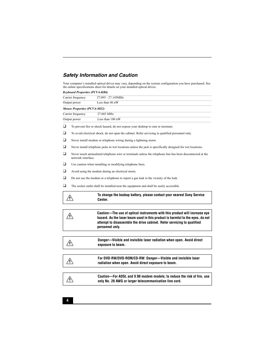 Safety information and caution | Sony PCV-V200G User Manual | Page 4 / 60