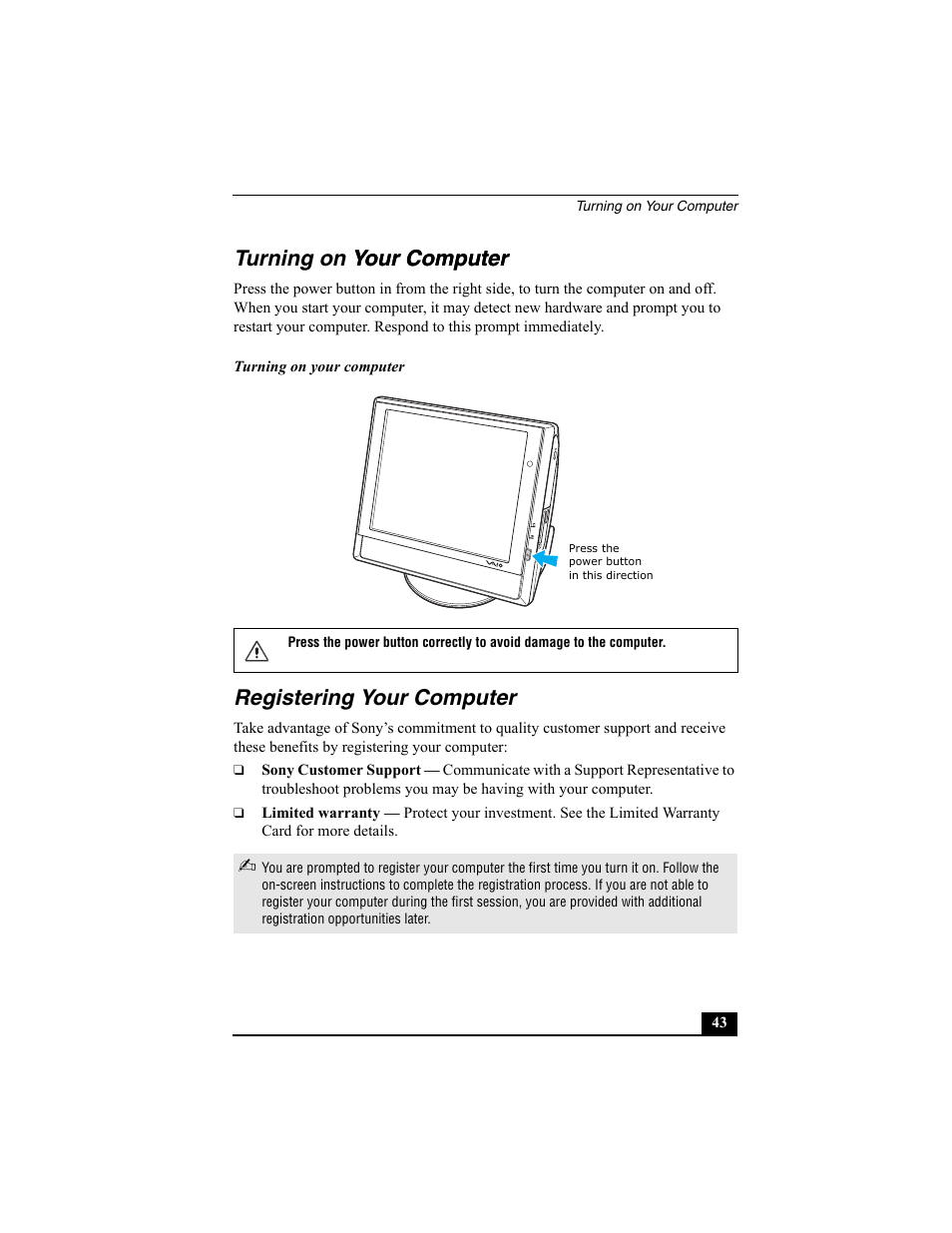 Turning on your computer, Registering your computer, Turning on your computer your computer | Sony PCV-V200G User Manual | Page 43 / 60