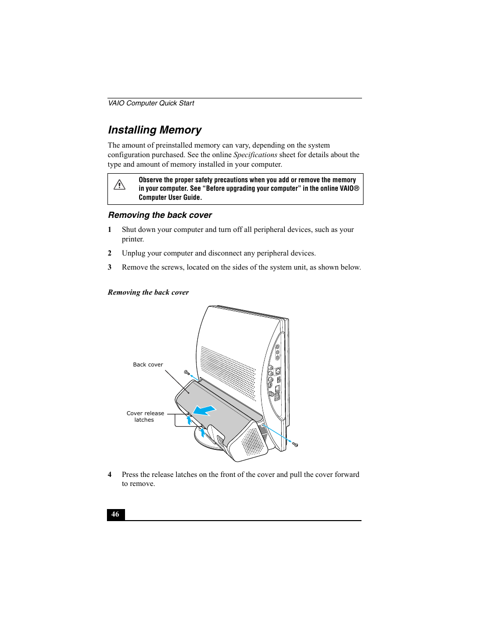 Installing memory, Removing the back cover | Sony PCV-V200G User Manual | Page 46 / 60