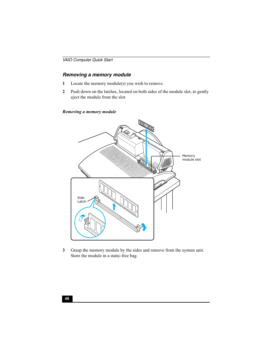 Removing a memory module | Sony PCV-V200G User Manual | Page 48 / 60