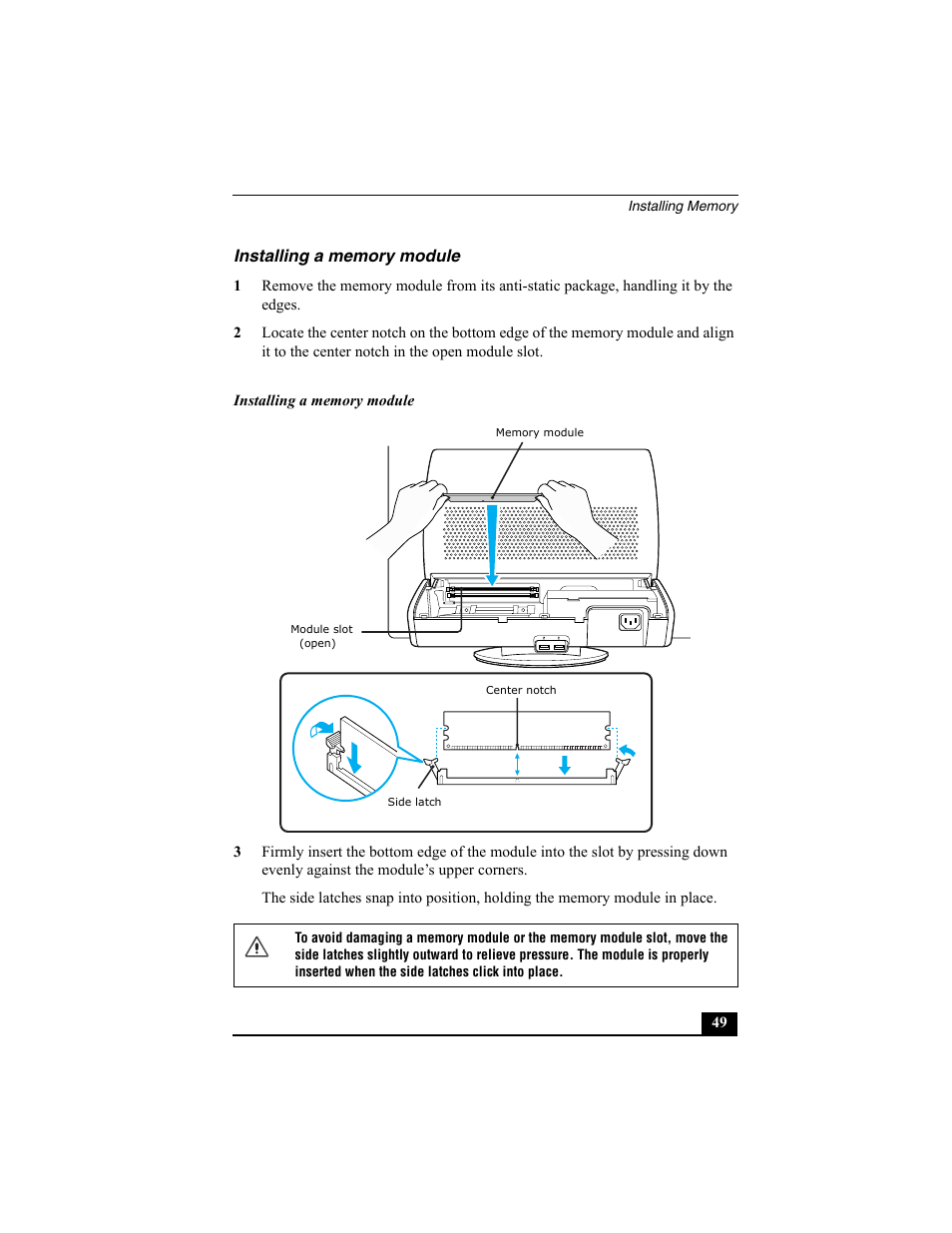 Installing a memory module | Sony PCV-V200G User Manual | Page 49 / 60