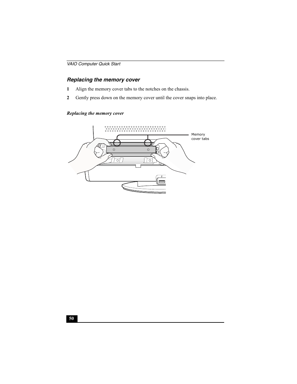 Replacing the memory cover | Sony PCV-V200G User Manual | Page 50 / 60
