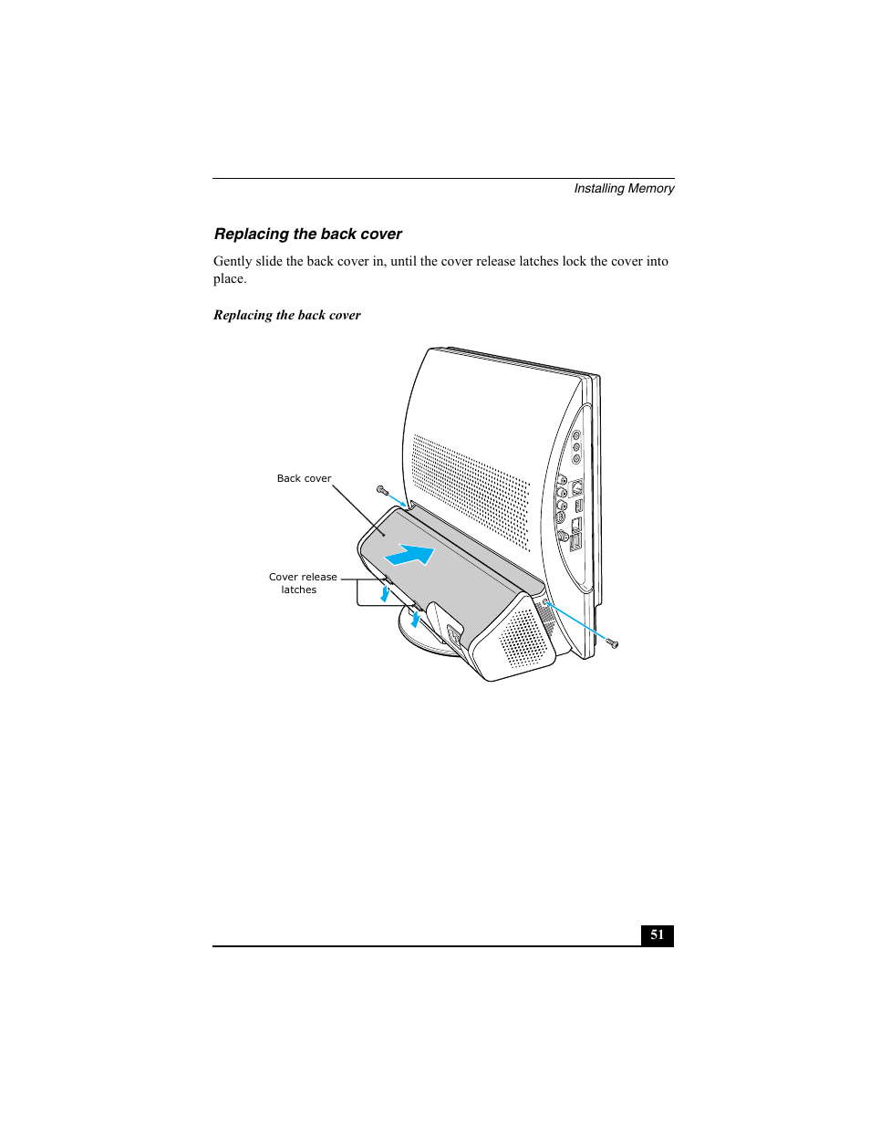 Replacing the back cover | Sony PCV-V200G User Manual | Page 51 / 60